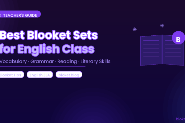 Best Blooket sets for English class shown with open book and subject tags for vocabulary, grammar, and reading