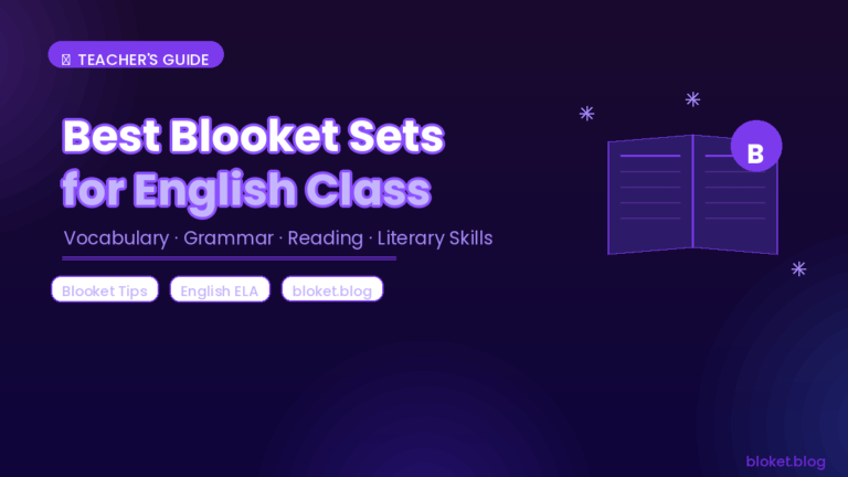 Best Blooket sets for English class shown with open book and subject tags for vocabulary, grammar, and reading