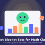 Best Blooket sets for math class illustration with a bar chart, smiling character, and dice icons