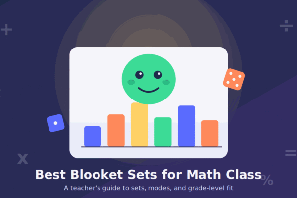 Best Blooket sets for math class illustration with a bar chart, smiling character, and dice icons