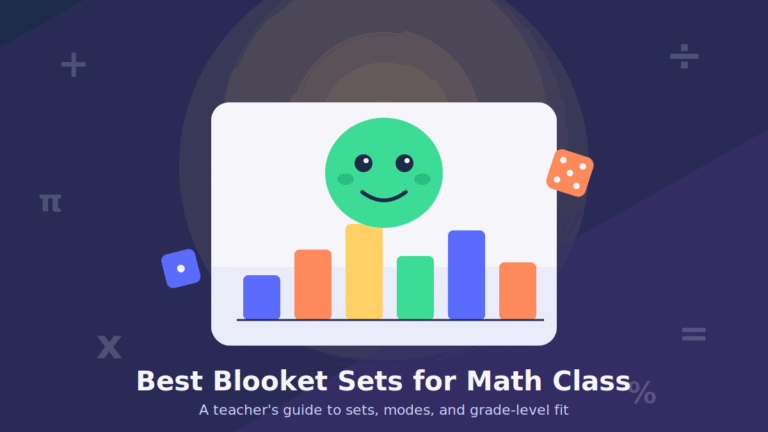 Best Blooket sets for math class illustration with a bar chart, smiling character, and dice icons