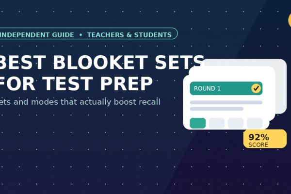 Best Blooket sets for test prep shown with quiz cards, a checkmark, and a 92% score badge