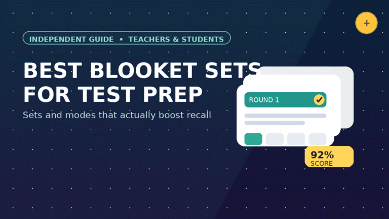 Best Blooket sets for test prep shown with quiz cards, a checkmark, and a 92% score badge