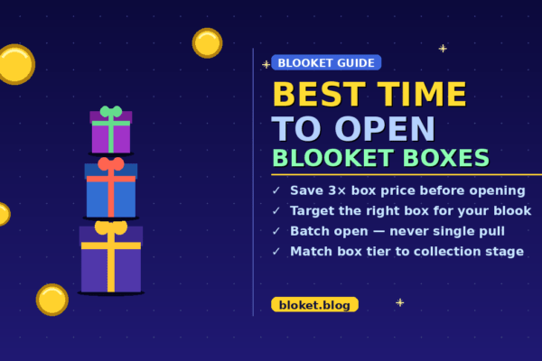 Best time to open Blooket boxes guide showing stacked gift boxes and a four-point strategy checklist