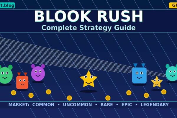 Blooket Blook Rush guide showing colorful cartoon blooks and gold coins on a dark teal background