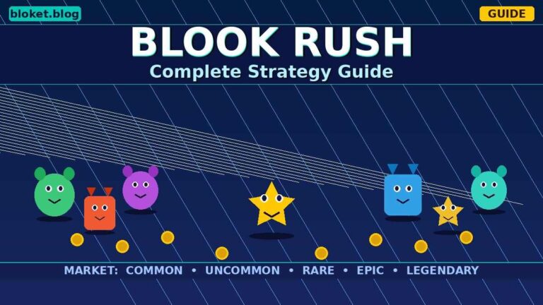 Blooket Blook Rush guide showing colorful cartoon blooks and gold coins on a dark teal background