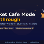 Blooket Cafe Mode walkthrough guide showing cafe, cup, and strategy tags for students and teachers