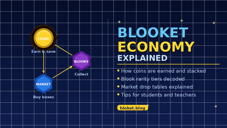 Blooket economy explained — coins, Market, and blooks cycle diagram with rarity tips