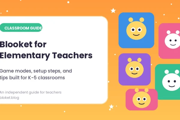 Blooket for elementary teachers guide cover with colorful classroom avatar characters