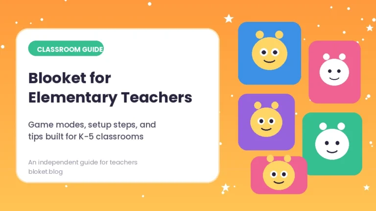 Blooket for elementary teachers guide cover with colorful classroom avatar characters
