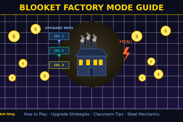 Blooket Factory Mode Guide showing factory building, upgrade levels, gold coins, and steal mechanic