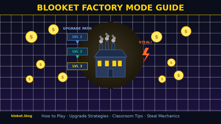 Blooket Factory Mode Guide showing factory building, upgrade levels, gold coins, and steal mechanic