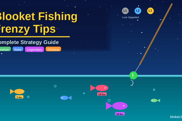 Blooket Fishing Frenzy tips guide showing fish catches, rarity tiers, lure upgrades and bite signal