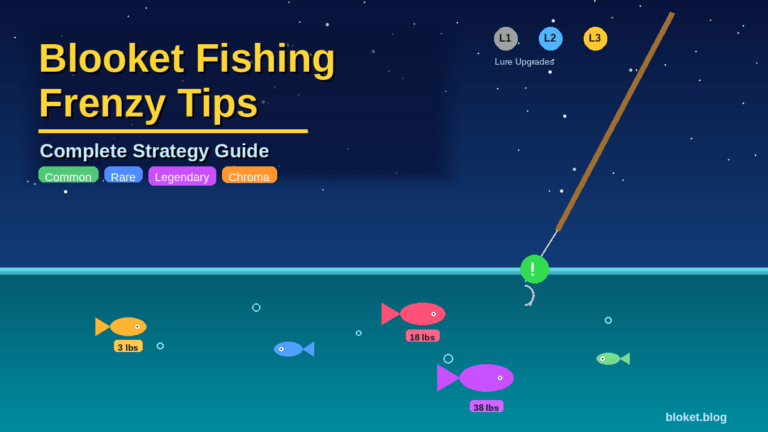 Blooket Fishing Frenzy tips guide showing fish catches, rarity tiers, lure upgrades and bite signal