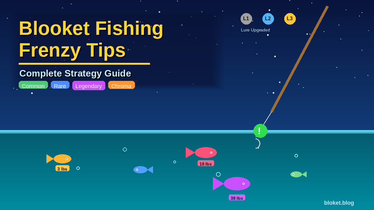 Blooket Fishing Frenzy tips guide showing fish catches, rarity tiers, lure upgrades and bite signal
