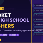 Blooket for high school teachers guide showing game modes and quiz cards on dark purple background