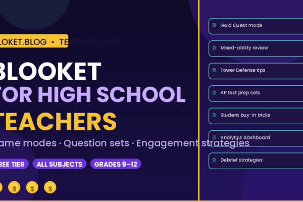 Blooket for high school teachers guide showing game modes and quiz cards on dark purple background