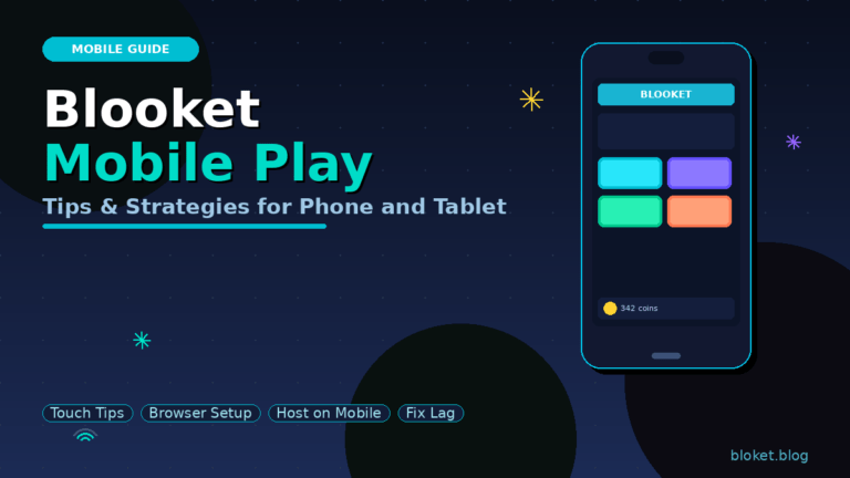 Blooket mobile play tips featured image with phone mockup showing game UI for students and teachers