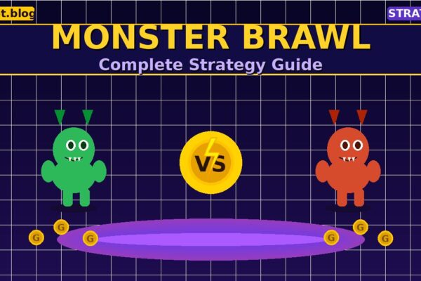 Blooket Monster Brawl strategy guide showing two cartoon monsters battling for gold coins