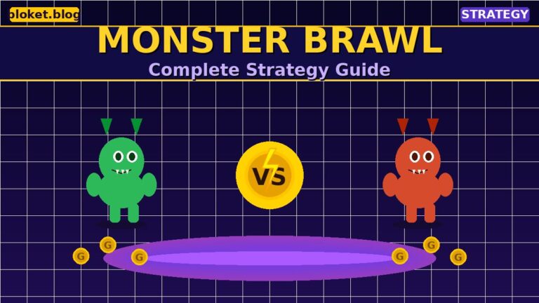 Blooket Monster Brawl strategy guide showing two cartoon monsters battling for gold coins