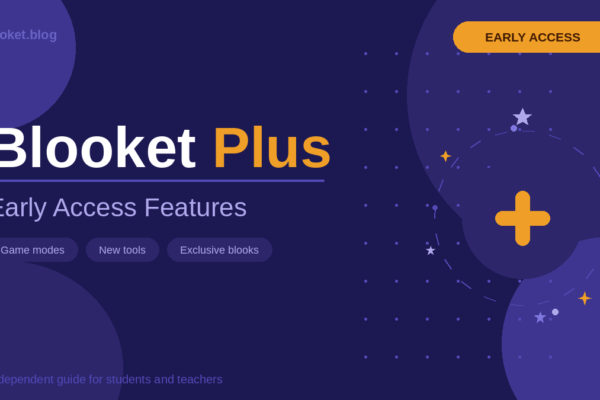 Blooket Plus early access features banner showing gold Plus badge and game mode highlights on dark purple background