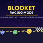 Blooket Racing Mode guide showing three blook characters racing on a track toward a checkered finish line