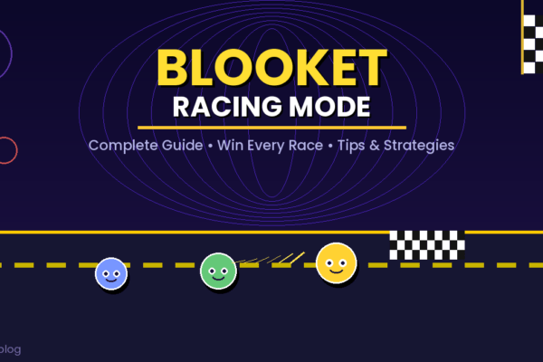 Blooket Racing Mode guide showing three blook characters racing on a track toward a checkered finish line