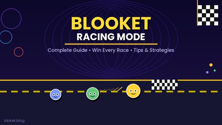 Blooket Racing Mode guide showing three blook characters racing on a track toward a checkered finish line