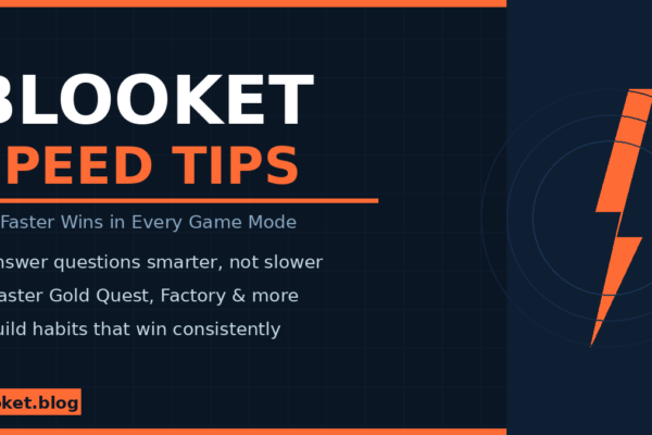 Blooket speed tips featured image with lightning bolt graphic and game strategy bullets on dark navy background
