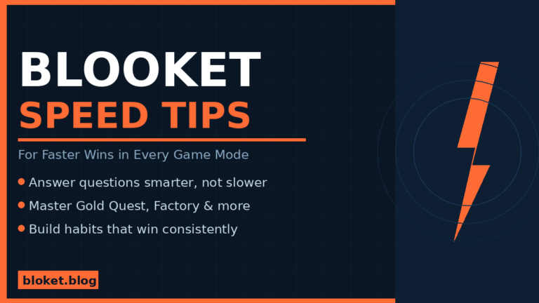 Blooket speed tips featured image with lightning bolt graphic and game strategy bullets on dark navy background