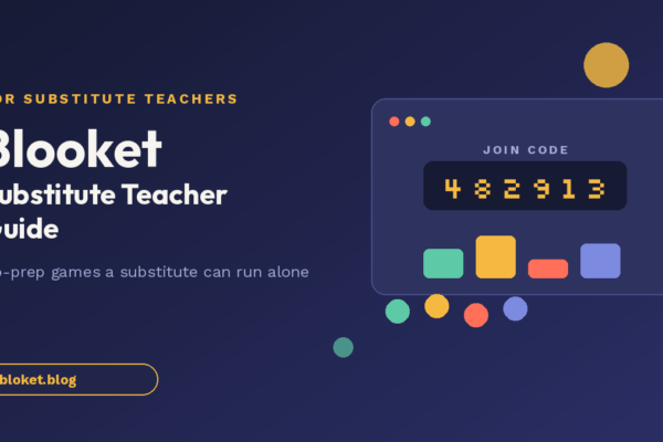 Blooket substitute teacher guide cover image with a host join code and leaderboard