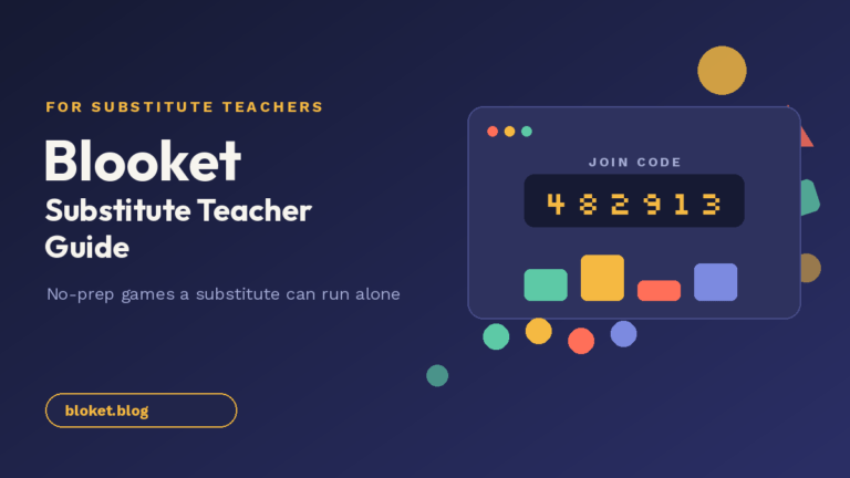 Blooket substitute teacher guide cover image with a host join code and leaderboard