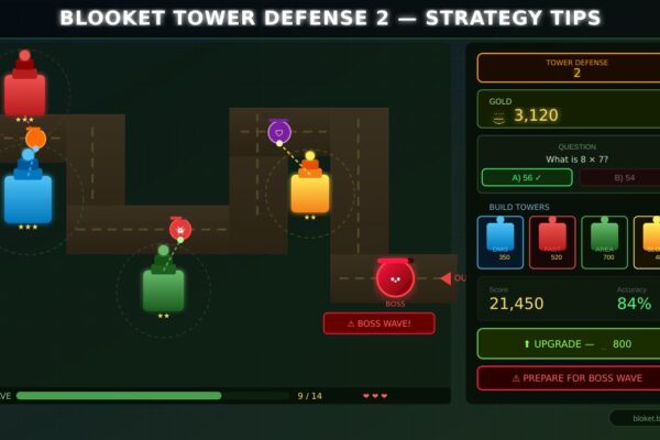 Blooket Tower Defense strategy guide showing a map with tower placements, chokepoints, and a rarity legend