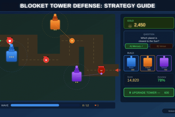 Blooket Tower Defense strategy guide showing tower placement, enemy path, and gold management UI