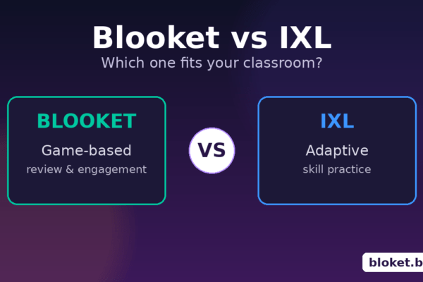Blooket vs IXL comparison graphic showing both platform names side by side with a VS badge