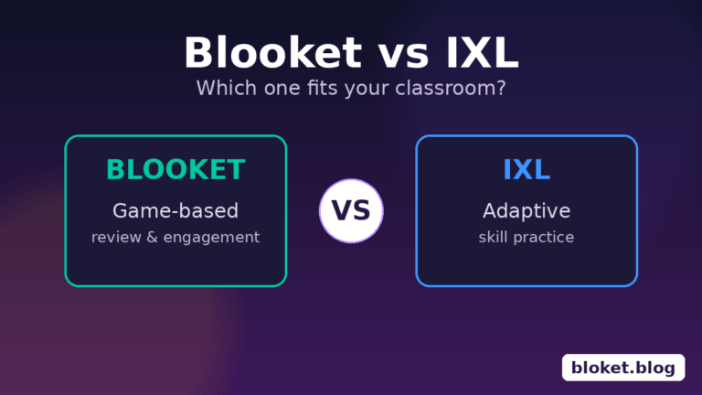Blooket vs IXL comparison graphic showing both platform names side by side with a VS badge