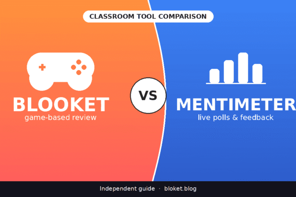 Blooket vs Mentimeter classroom comparison graphic with controller and poll icons