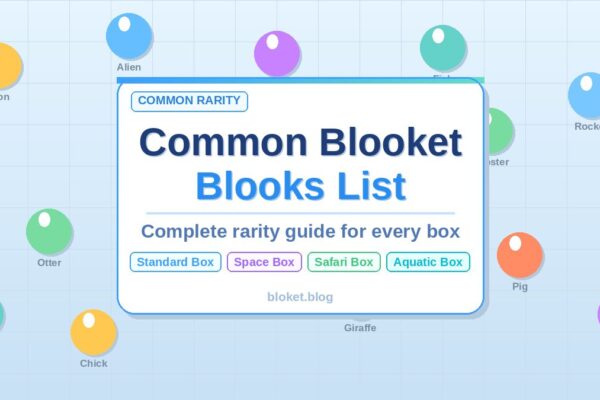Common Blooket blooks list showing common rarity blooks by box type for players and teachers