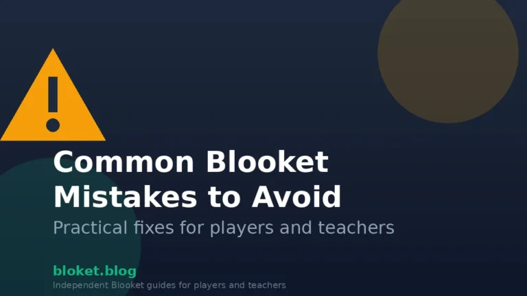 Common Blooket mistakes to avoid, warning icon with article title on dark background