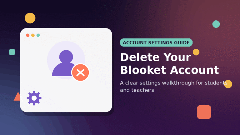 Delete Blooket account screen showing profile, settings gear, and delete icon