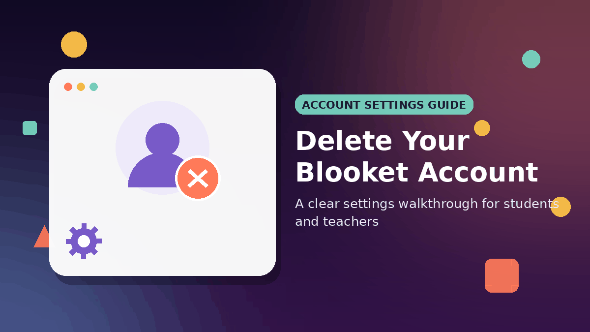 Delete Blooket account screen showing profile, settings gear, and delete icon