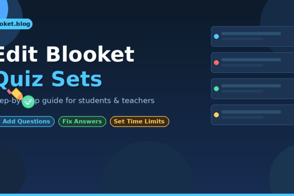 Edit Blooket quiz sets guide showing question cards, pencil icon, and answer editing interface