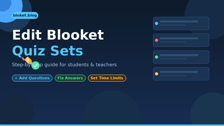 Edit Blooket quiz sets guide showing question cards, pencil icon, and answer editing interface