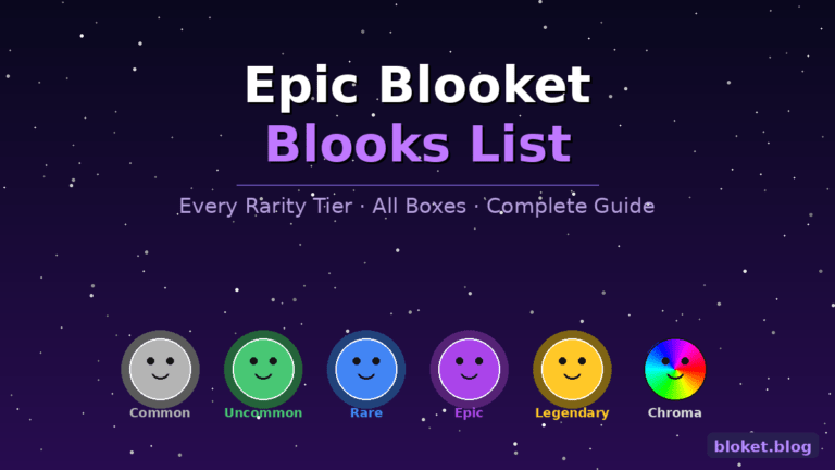 Epic Blooket blooks list showing all six rarity tiers from Common to Chroma with colored character icons