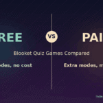 Free vs paid Blooket quiz games split-screen comparison graphic with teal and gold accents
