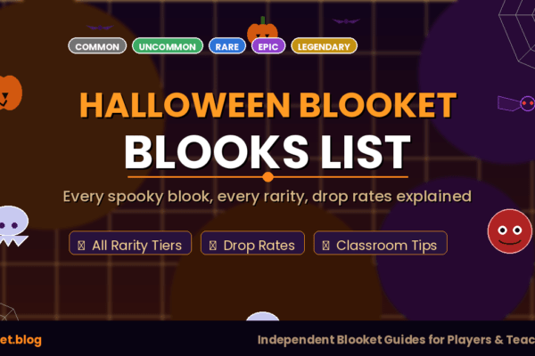 Halloween Blooket blooks list showing all rarity tiers from common pumpkin to legendary phantom in the Spooky Box