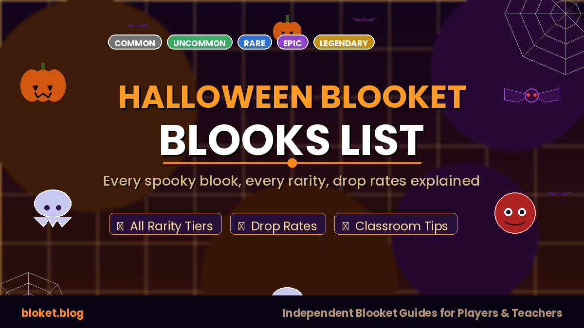Halloween Blooket blooks list showing all rarity tiers from common pumpkin to legendary phantom in the Spooky Box