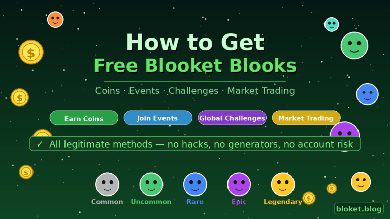 How to get free Blooket blooks guide showing blook rarity icons, coins, and all four legitimate collection methods