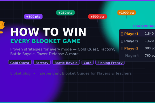 How to win every Blooket game — leaderboard showing strategy tips for Gold Quest, Factory, and Battle Royale modes