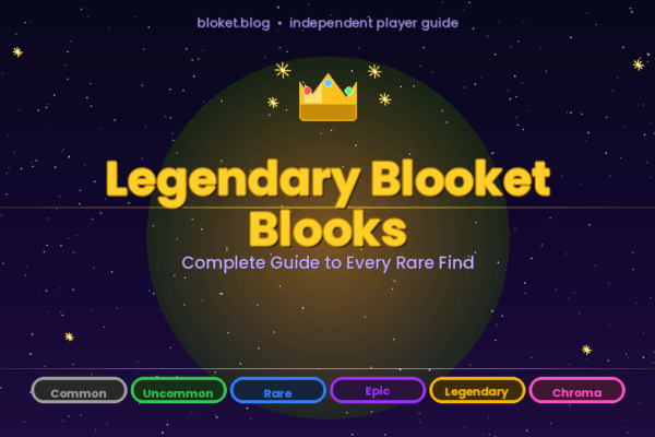 Legendary Blooket blooks guide showing rarity tiers and golden crown on dark starfield